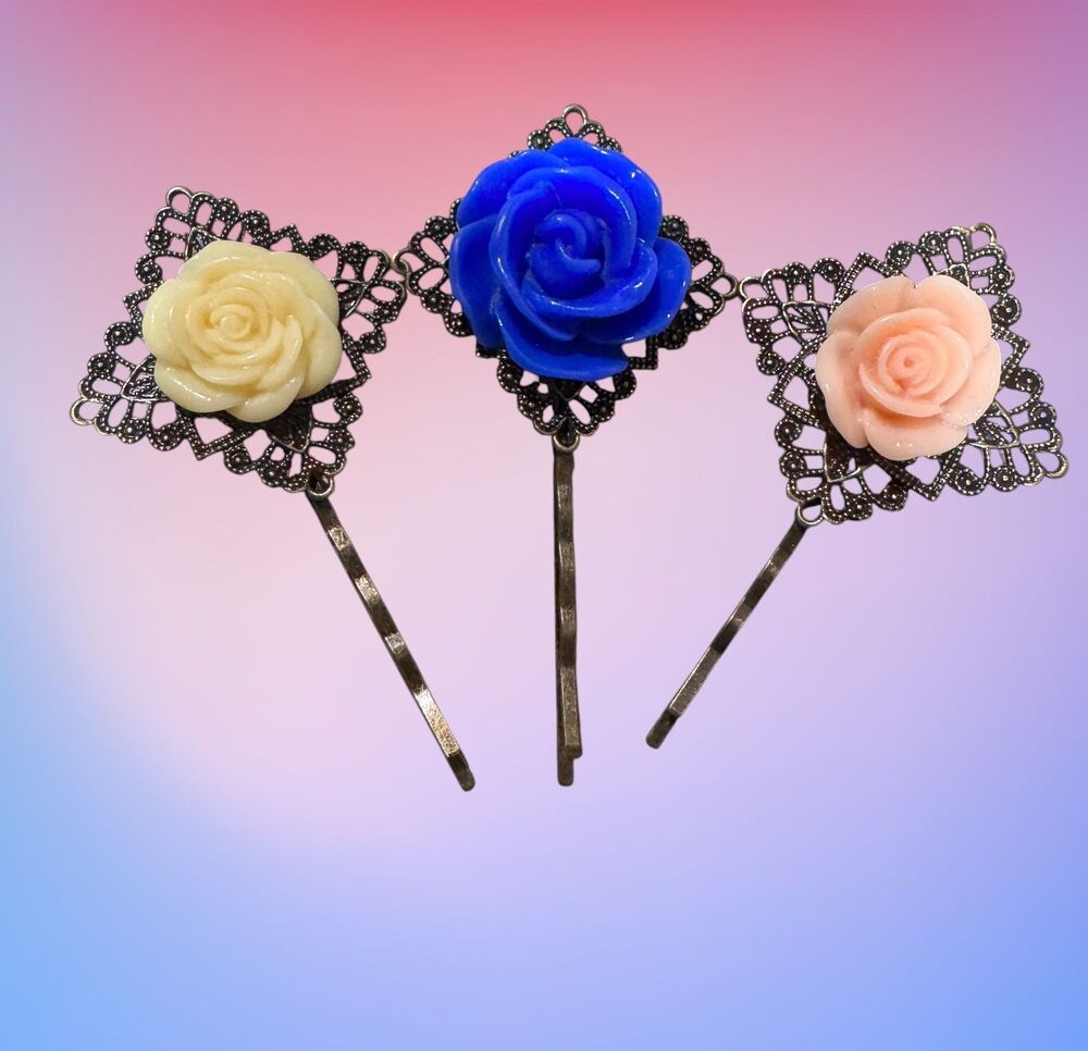 Three Resin Flower Hair Pin Barrettes #22088 - Picture 1 of 8
